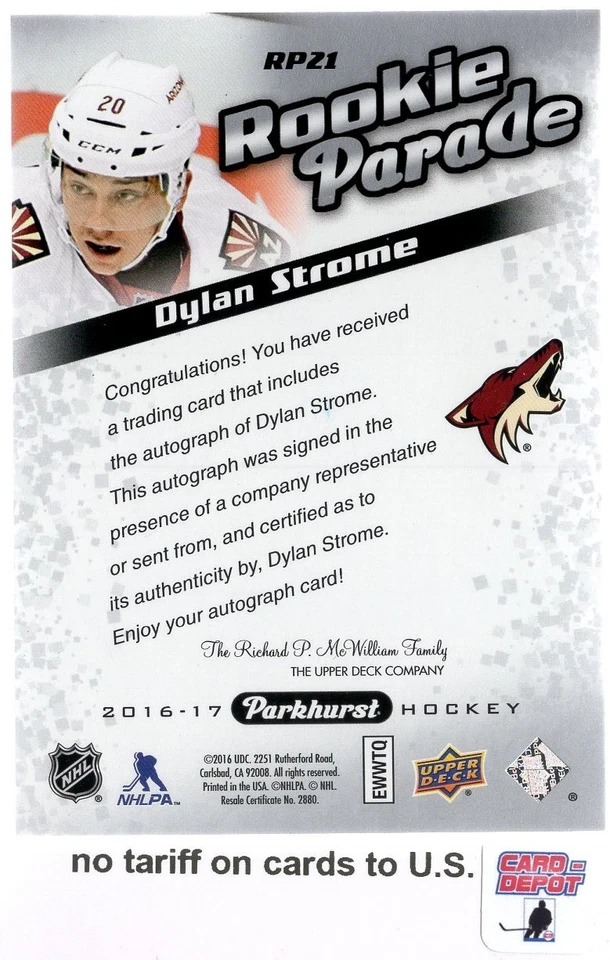 2016-17 Parkhurst Rookie Parade Blue Autographs #RP21 Dylan Strome - Image 2 of 2