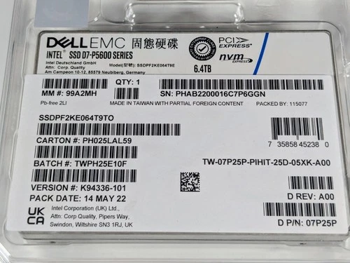 NEW DELL INTEL D7-P5600 6.4TB PCIE 4.0 NVME 2.5" SSD DRIVE 7P25P SSDPF2KE064T9TO