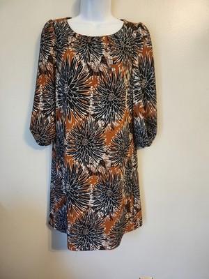 H&M Dress Size 4 Floral Print Brown Blue Knee Length 3/4 Sleeves Boho Retro Chic