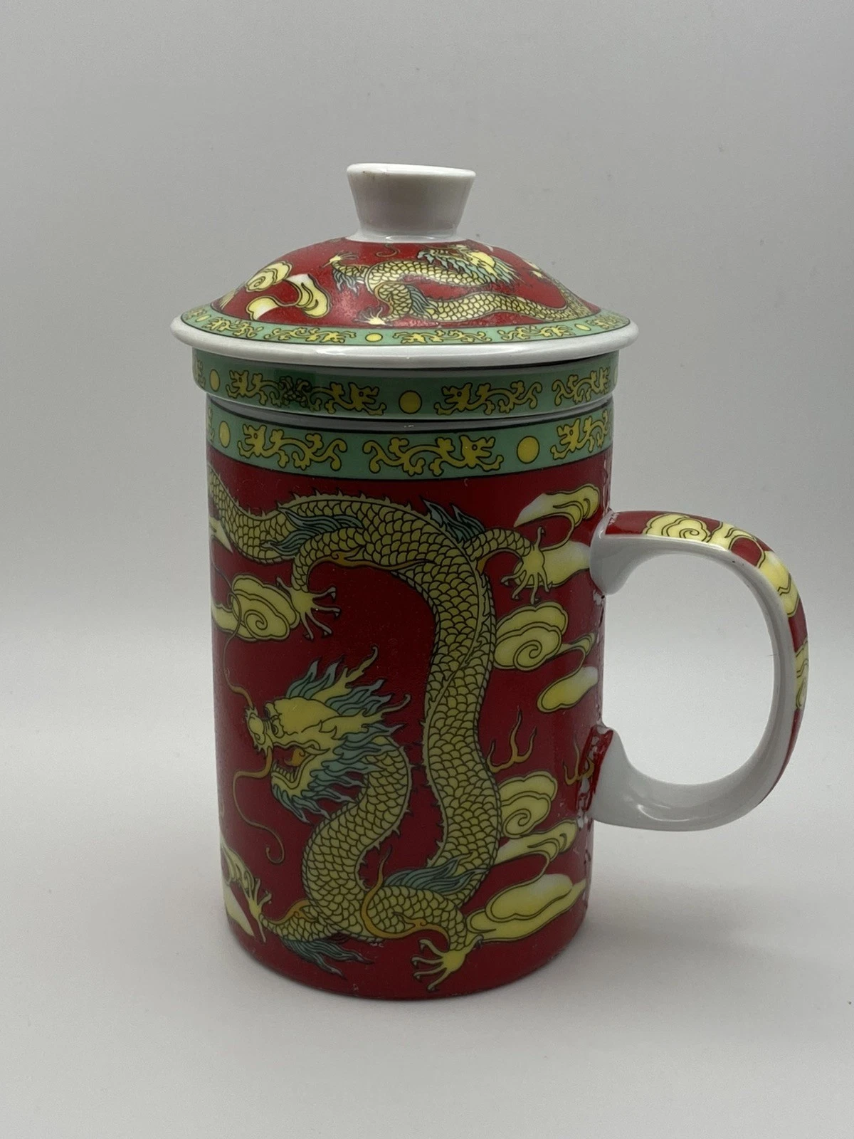 3 Piece Tea Infuser Mug with Lid Ceramic , Dragon Art