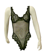 Black Sheer Mesh Lace Trim High Cut One Piece Teddy Bodysuit UW Bra L USA made