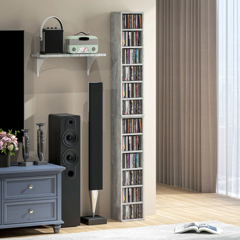 HOMCOM Set of 2 CD Storage Units with Adjustable Shelves Cement Grey - Image 2 of 4