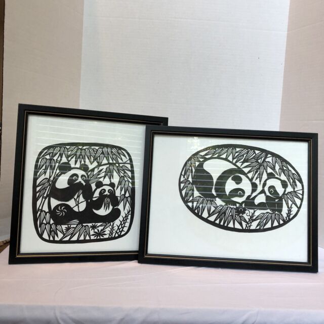 Pair Handmade Panda Paper Cutting Folk Art Framed Set of Two Yin Jiacai Pair Handmade Panda Paper Cutting Folk Art Framed Set of Two Yin Jiacai