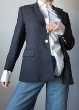 Vtg 90's Talbots Dark Gray 100 Wool Gold Button Single Breast Suit Blazer 10P
