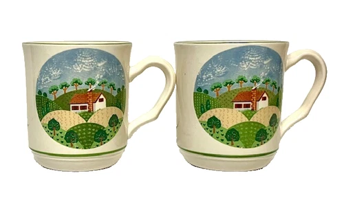 Vintage 1980'S Sangostone  Country Cottage Set of 2 Mugs Coffee Cups Korea