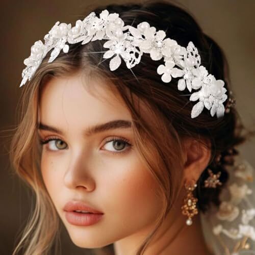 Silver Leaf Pearl Bridal Hairband for Wedding Flower Crown  