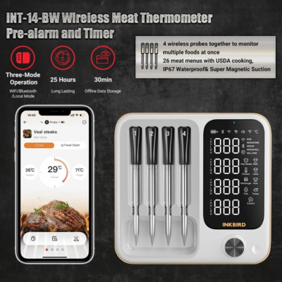 INKBIRD Wireless Meat Grill BBQ Thermometer INT-14-BW Bluetooth Wifi 4 Probe C/F