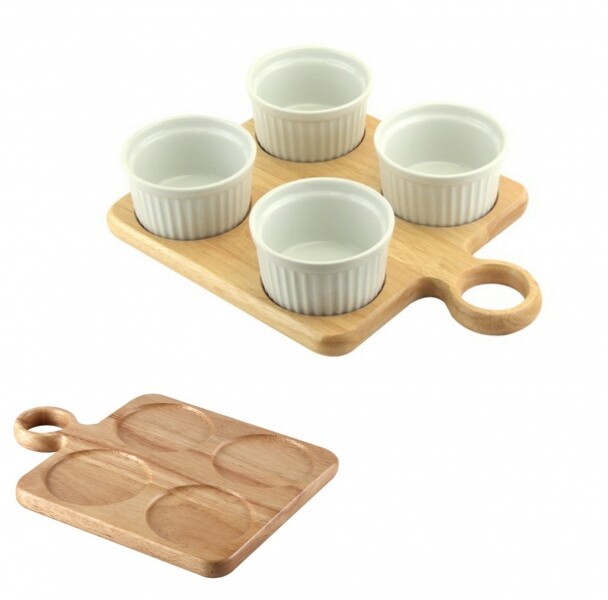 Hevea Wood Dip Serving Board Platter For Ramekins Dishes (Ramekins not included)