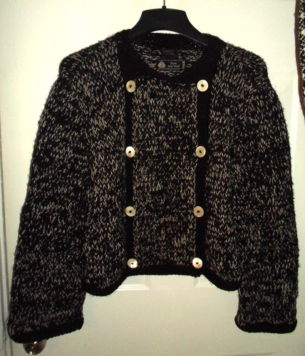 VTG HAND KNIT WOOL DOUBLE BREAST CARDIGAN SWEATER BLACK/WHITE STREET CLOTHES, UK