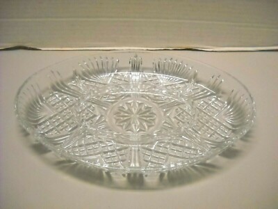 Cut Crystal Oval Divided Tray Platter Diamond Point and Fan Design 5 Parts 