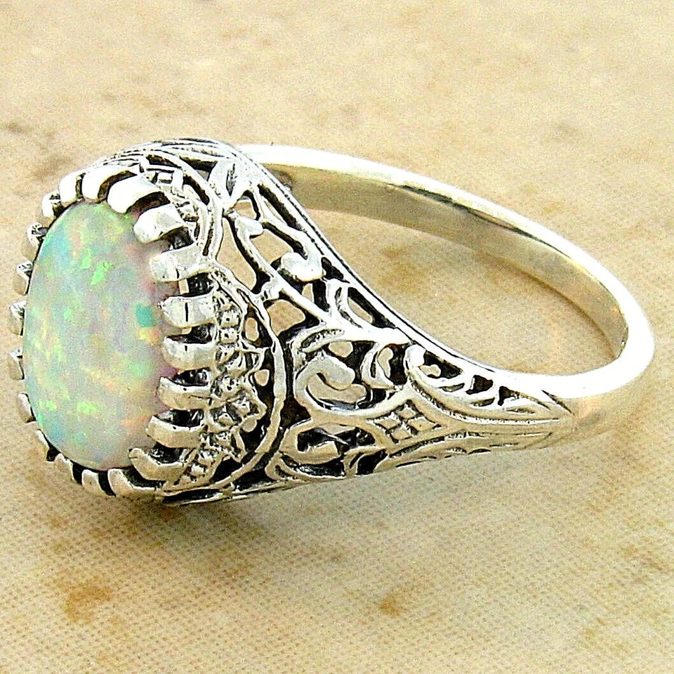 VICTORIAN ANTIQUE STYLE 925 SOLID STERLING SILVER LAB OPAL FILIGREE RING 629Z - Image 3 of 4