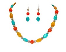 Multi color bead necklace set w/ turquoise, beige, coral, silver color beads New