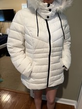 Nautica Women's Faux Fur Trim Hooded Midweight Puffer Jacket Button Pockets Lg