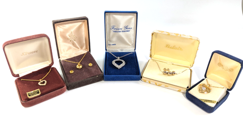 Lot of 5 Costume Jewelry Necklace Heart Rhinestones, Gold Filled, Vintage w Box