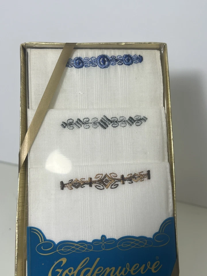 Nib Vintage Goldenweve Men’s Hankerchiefs Set of 3 Cotton Poly Embroidery - Image 2 of 4