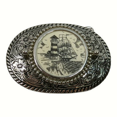 Vintage Belt‎ Buckle Faux Scrimshaw Lighthouse & Cutty Sark/Whaling Ship Lighthouse Belt Buckle - Etsy main image 2