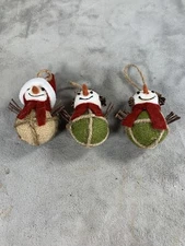  Set Of 3 Southern Style Snowman Burlap And Sticks Christmas Ornaments