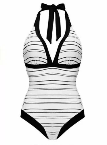 Figleaves Swimsuit Amalfi Stripe Plunge Tummy Control BNWT - 187428 Size 14 12a - Picture 2 of 3