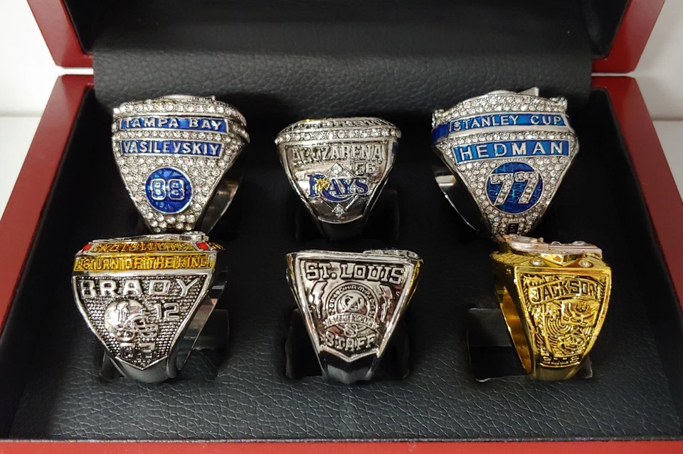 Tampa Bay - Juego de 6 anillos de campeonato con caja de exhibición de madera. Lightning Rays Bucs Foto 2 de 4