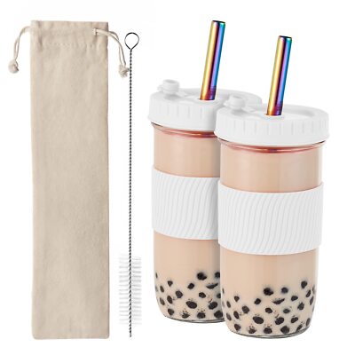 2 Pack Reusable Boba Cup24oz Wide Mouth Smoothie Cupmason Jar Glass Cups With Li