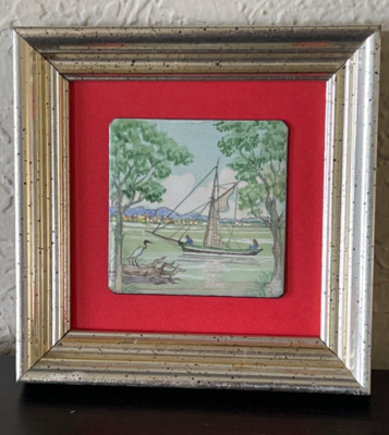 Handpainted HARBOR FISHING BOAT Enamel Robert POPE Framed MINIATURE 1977
