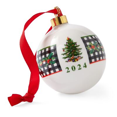 Spode Christmas Tree Annual 2024 Bauble, Black & White Check Wrap Seasonal Décor