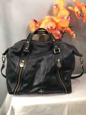 Pour La Victoire Dark Navy Blue Leather Front Double Zip Pockets Satchel Bag