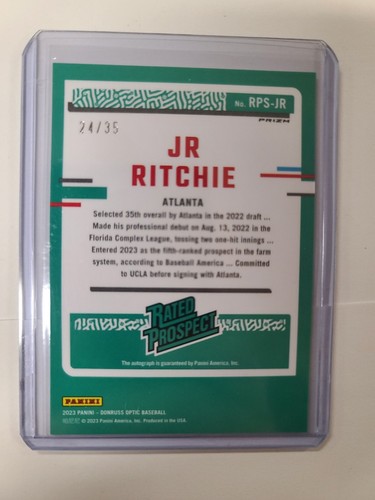 2023 Donruss Optic Rated Prospect Autograph JR Ritchie Carolina Blue /35 Braves - Picture 2 of 2