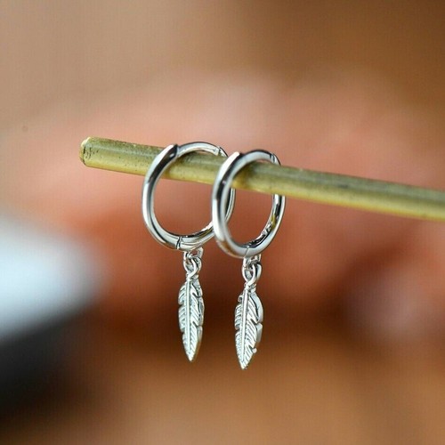 Huggie Hoop Earrings Delicate Feather Shape Everyday Dainty Minimalist Gift - Picture 2 of 8