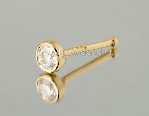 Solid 14kt White / Yellow Gold 22G Nose Bone Stud with Bezel Set Moissanite - Picture 17 of 19