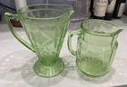 2 Green Depression Glass Pitchers Poinsettia Footed & Cameo / Ballerina