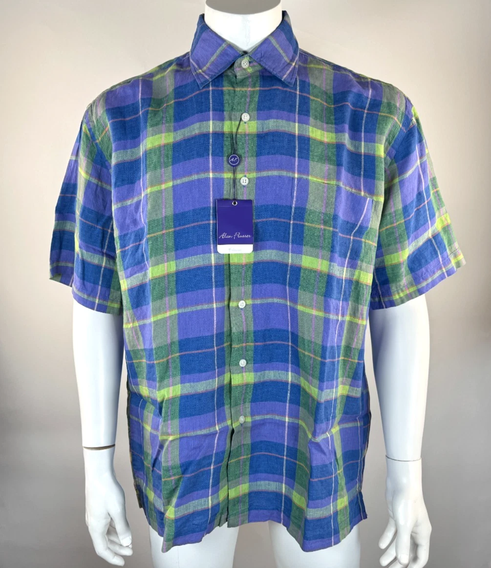 Allan Flusser Linen Shirt Mens L NWT Short Sleeve Plaid Button-up Collared Top