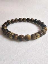  Tiger Eye Gem Stone  Beads Bracelet for Men w/ Gold tone accessory 7.5 inches 