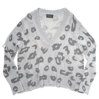 WOODEN SHIPS Distressed Leopard Print V-Neck Sweater Grey Size S/M Shabby Chic
