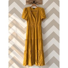 Quince Silk Stretch Tiered Maxi Dress Smocked Waist Yellow Washable M EUC