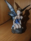 Seated Winged Fairy Figurine Statue, Blue Dress, Black Wings, Rock Base — photo 2