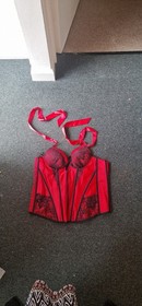 Ann Summers Red Black Lace Corset Bustier Size 12 Boned Lingerie Halterneck