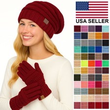 C.C 2pc Women's Winter Warm Comfort Slouchy Cable Knit Beanie  Touch Gloves Set