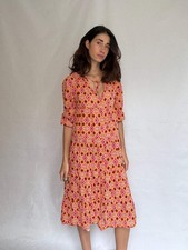 Vintage orange cotton floral geometric dress, bohemian casual, XL