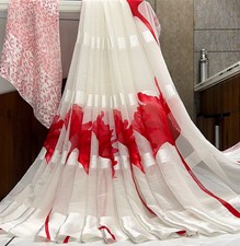 White  Red  Women's Party Wear Saree Printed Designer Sari  Satin Patta