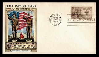 DR WHO 1950 FDC BOY SCOUTS ANIV FLUEGEL CACHET #995 R74181