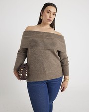 River Island Womens Jumper Brown Knitted Bardot Sweater Loose Fit Pullover Top