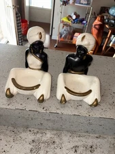 Vtg Man Woman Blackamoor Nubian Chalkware Figures Bookends Trinket Dish Ashtray