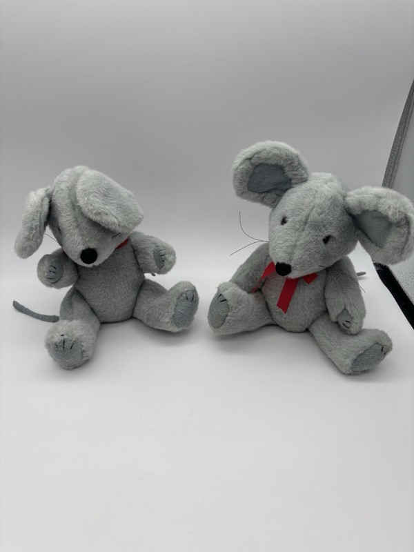 Lot Of 2 Mouse Jointed Plush Toy With Red Bow  1990s  Vintage