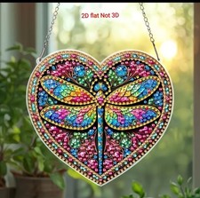 DRAGONFLY IN A HEART Completed Handmade Diamond Painted Wall/Window Hanging 