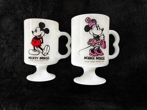 Vintage Disney Minnie & Mickey Mouse Milk Glass Footed Pedestal Coffee Cups Mugs