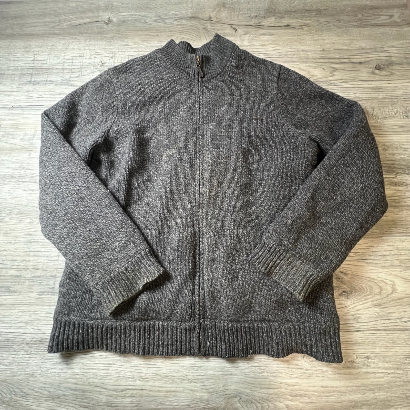 LL Bean Full Zip Sweater Mens XL Gray Lambswool Flannel Lined Cardigan Mock Neck