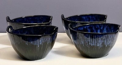 Jiemei Home Blue Drip Glaze Stoneware Soup/Ramen Bowls w/ Handles Set of 4 -7.25