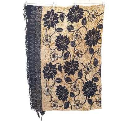 Koko Knot Rayon Sarong THRASHED 65x45 (shown doubled) Black Gold Fringe Selvedge