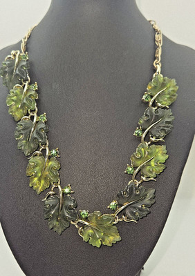 Lisner Leaf Shades of Green Necklace Lucite Rhinestone Two Tone Molded Signed